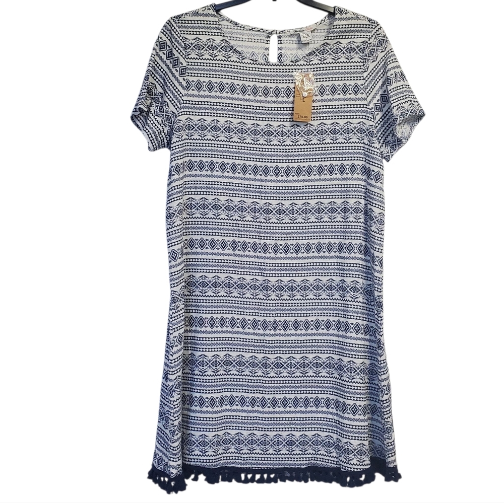 NWT Marissa Olivia Patterned Navy and Ivory Dress Size L